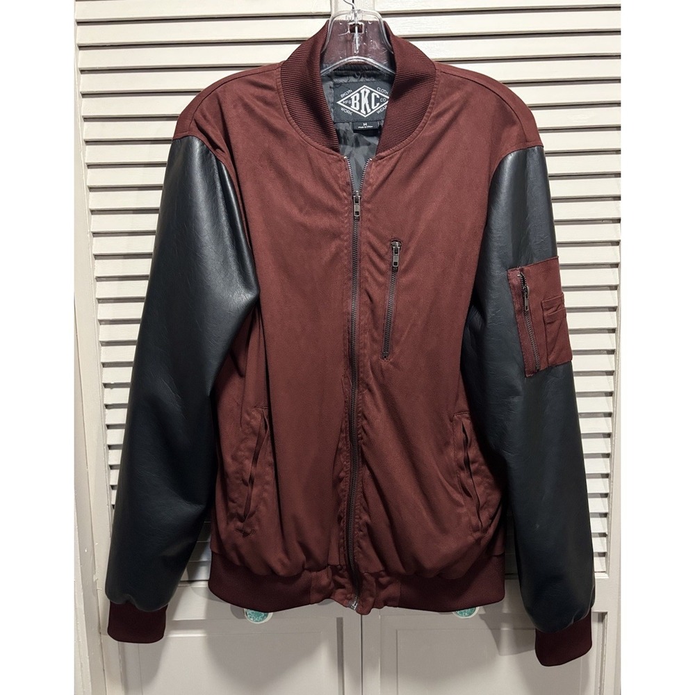 BKC Faux Leather/Suede Jacket‎ Zip Up Lined Size M Brick/Black Zip Pockets